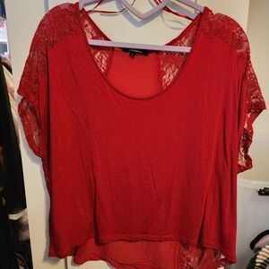Ambiance Red Scoop Neck Top with Lace Cap Sleeves